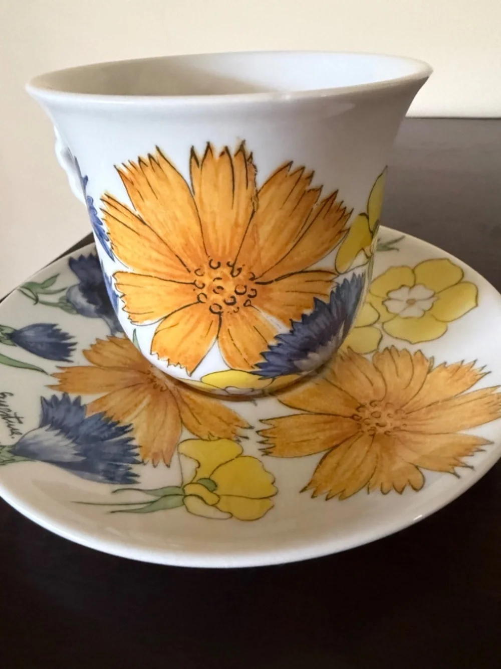 MCM Vintage SIGNED Ernestine Salerno Italy Yellow Orange Blue Tea Cup Saucer Set